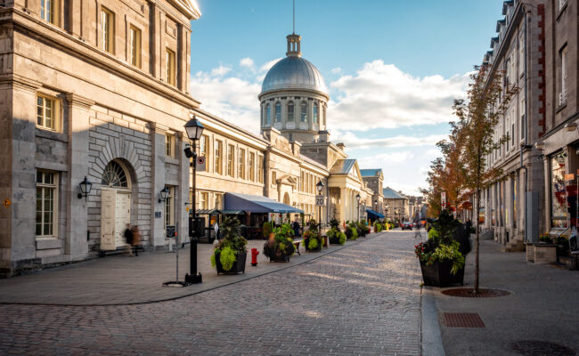 Montreal, Canada - October 13, 2018: Historical landmark Bonsecours Market in Old Montreal during fall season in Quebec, Canada.